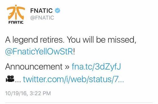 再见Yellowstar！Fnatic宣布LCS老将正式退役